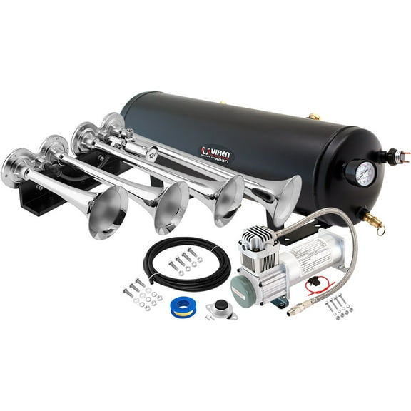 Vixen Horns Train Horn Kit for Trucks/Car/Semi. Complete Onboard System- 200psi Air Compressor, 3 Gallon Tank, 4 Trumpets. Super Loud dB. Fits Vehicles like Pickup/Jeep/RV/SUV 12v VXO8330/4124XC