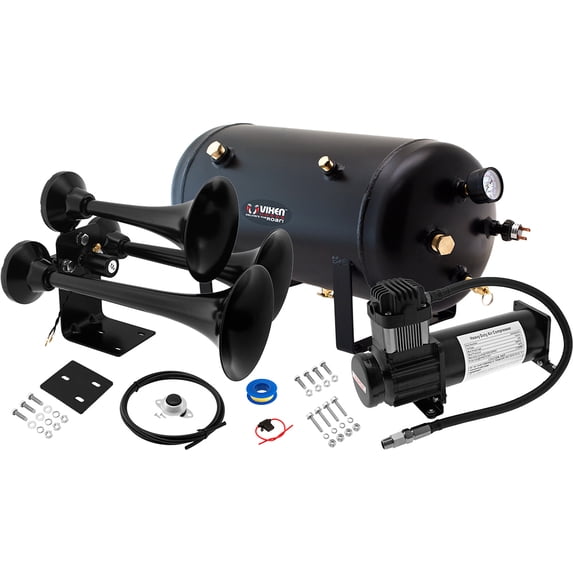 Vixen Horns Train Horn Kit for Trucks/Car/Semi. Complete Onboard System- 200psi Air Compressor, 5 Gallon Tank, 3 Trumpets. Super Loud dB. Fits Vehicles like Pickup/Jeep/RV/SUV 12v VXO8350B/3318B