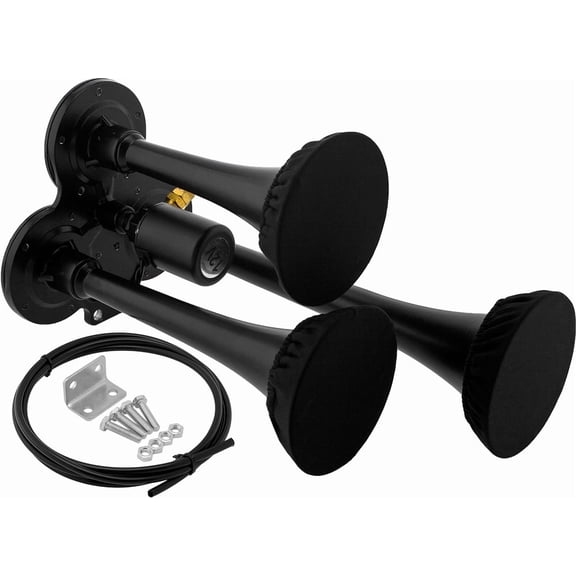 Vixen Horns Train Horn for Truck/Car. 3 Air Horn Black Trumpets w/Covers. Super Loud dB. Fits 12v/24v Vehicles like Semi/Pickup/Jeep/RV/SUV VXH3311B/P