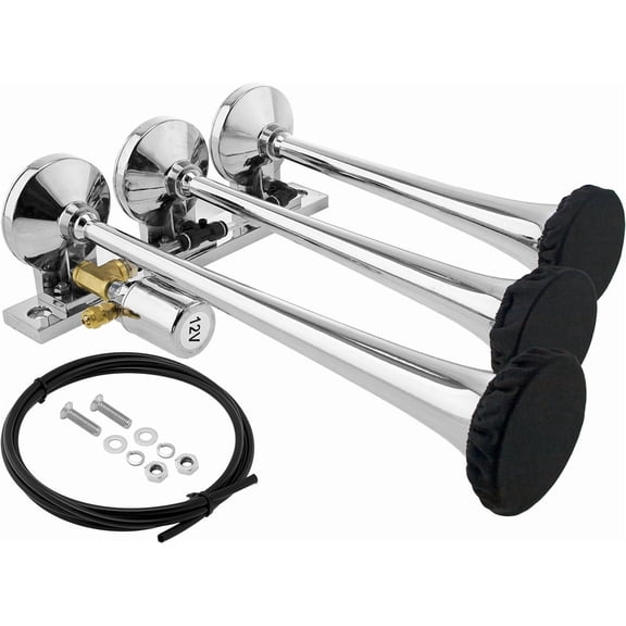 Vixen Horns Train Horn for Truck/Car. 3 Air Horn Chrome Plated Trumpets w/Covers. Super Loud dB. Fits 12v Vehicles like Semi/Pickup/Jeep/RV/SUV VXH3118/P