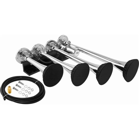 Vixen Horns Train Horn for Truck/Car. 4 Air Horn Chrome Plated Trumpets (XLong) w/Covers. Super Loud dB. Fits 12v Vehicles like Semi/Pickup/Jeep/RV/SUV VXH4124XLC/P