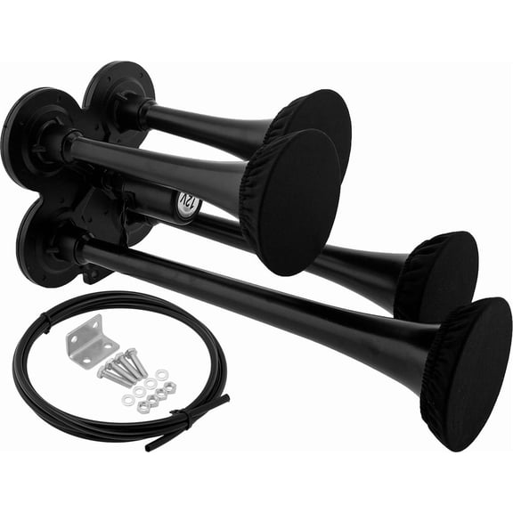 Vixen Horns Train Horn for Truck/Car. 4 Air Horn Black Trumpets w/Cover. Super Loud dB. Fits 12v Vehicles like Semi/Pickup/Jeep/RV/SUV VXH4114B/P
