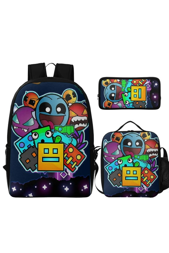 Video Game Backpack For Geometry, 5Pcs Anime Cartoon Backpack Cute Bookbag Set with Lunch Box and Pencil Case
