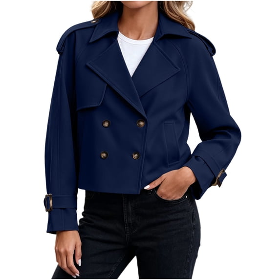Vixolx Cropped Long Sleeve Trench Coats for Women Epaulets Lapel Collar Double Breasted Jacket with Pockets Fall Fashion Casual Pea Coats