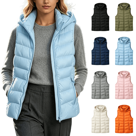 Vixolx Hooded Puffer Vest for Women Solid Full Zip Padded Sleeveless Jackets with Pockets Winter Warm Quilted Coat