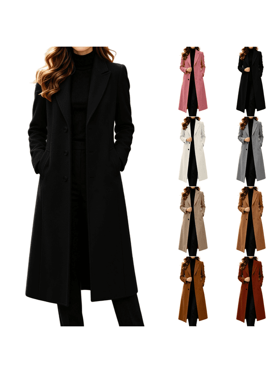 Long Pea Coat for Women Fashion Single Breasted Trench Coats Lapel Collar Winter Overcoat with Pockets Business Formal Casual Clothes
