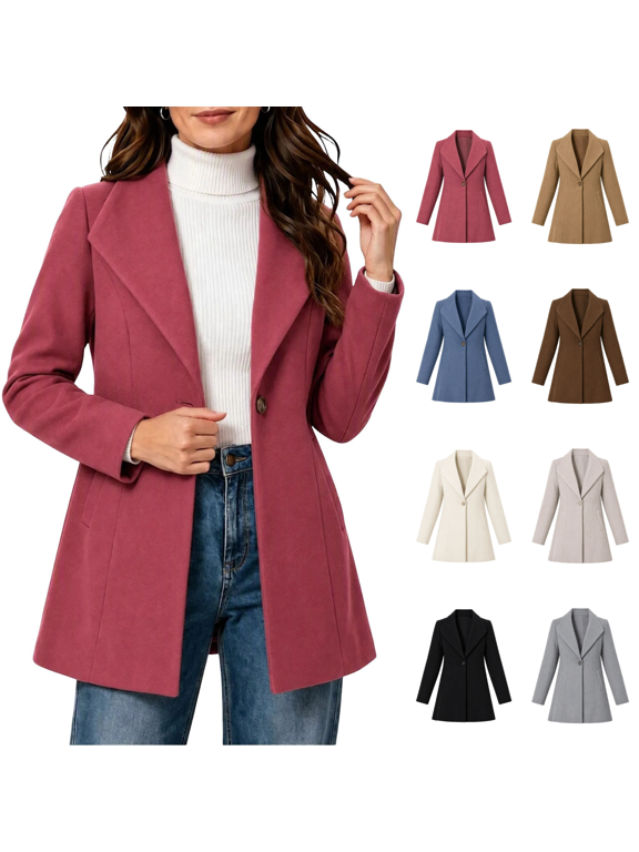 Pea Coat for Women Seam Detailing Notched Lapel Collar Fitted Waist Jacket with Pockets Classic Mid Length Woolen Winter Coats