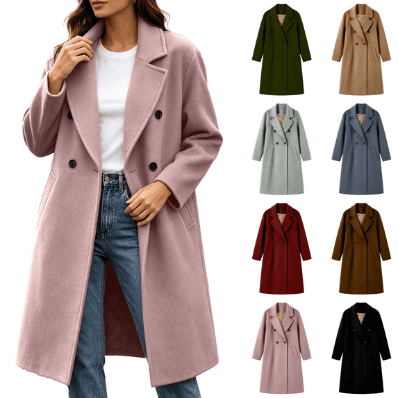 Vixolx Winter Peacoat for Women Fashion Notched Lapel Collar Double Breasted Woolen Coat with Side Pockets Solid Long Sleeve Overcoat