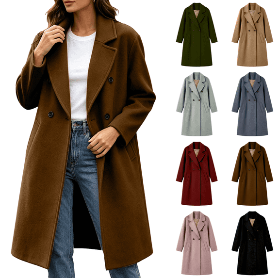 Vixolx Winter Peacoat for Women Fashion Notched Lapel Collar Double Breasted Woolen Coat with Side Pockets Solid Long Sleeve Overcoat