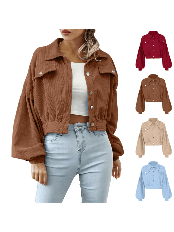 Womens Cropped Corduroy Jacket Balloon Long Sleeve Button Down Casual Short Shacket Outerwear