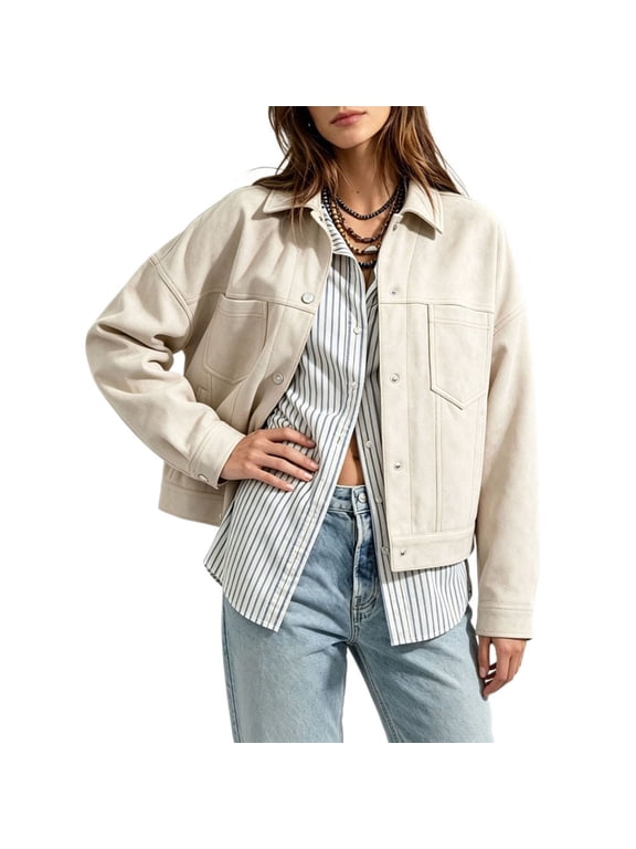 Womens Cropped Faux Suede Jacket Point Collar Snap Button Loose Shacket with Patch Pockets Casual Fall Winter Outerwear