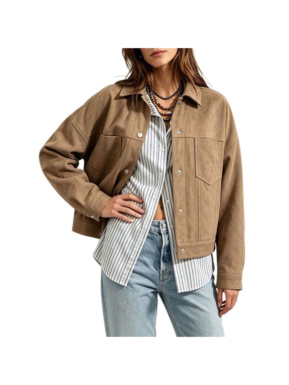 Womens Cropped Faux Suede Jacket Point Collar Snap Button Loose Shacket with Patch Pockets Casual Fall Winter Outerwear