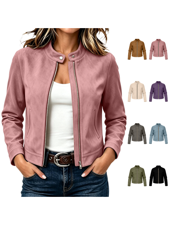 Womens Cropped Faux Suede Moto Jacket Stand Collar with Snap Button Full Zip Front Fall Outerwear with Side Pockets
