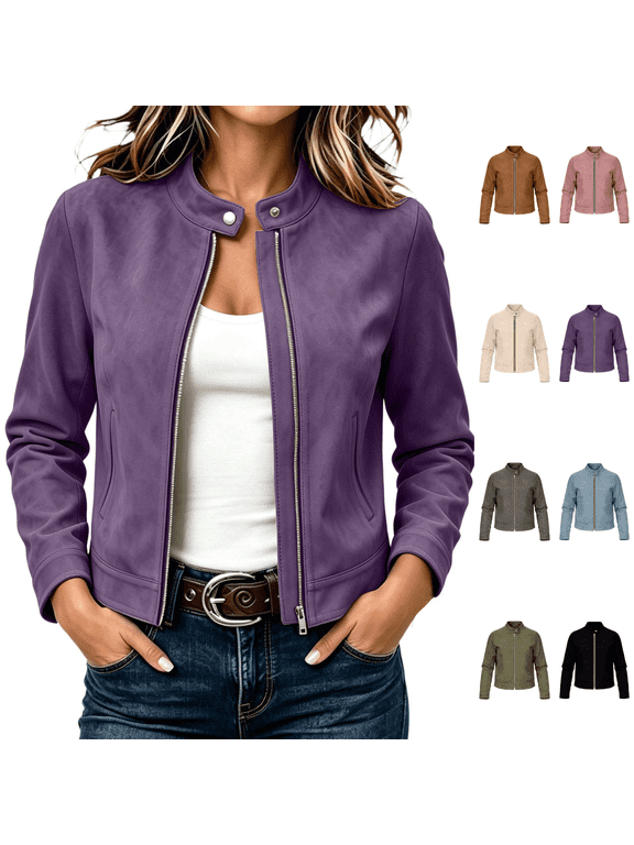 Womens Cropped Faux Suede Moto Jacket Stand Collar with Snap Button Full Zip Front Fall Outerwear with Side Pockets