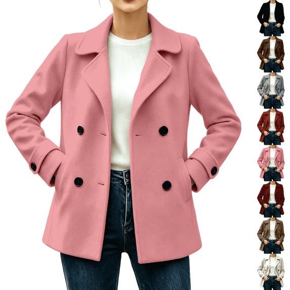 Vixolx Womens Cropped Pea Coat Casual Notched Lapel Collar Jacket Coat Loose Double Breasted Outerwear Fall Winter Warm Clothes