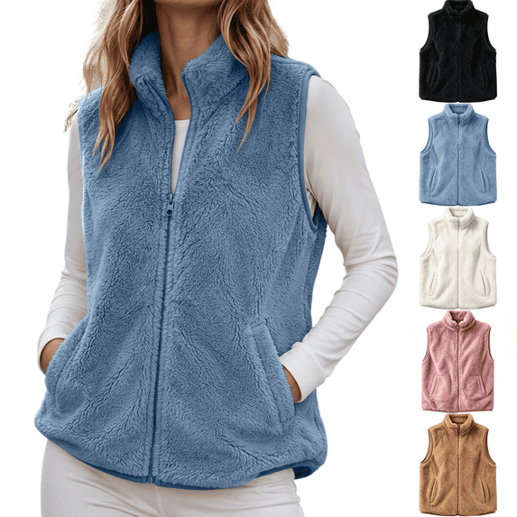 Vixolx Womens Cropped Reversible Sherpa Fleece Vest Warm Stand Collar Full Zip Fuzzy Sleeveless Jacket Fall Winter Outerwear with Pockets