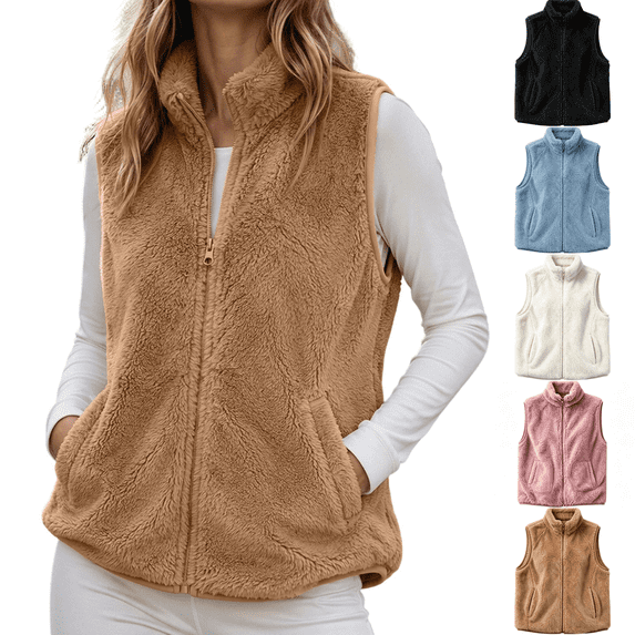 Vixolx Womens Cropped Reversible Sherpa Fleece Vest Warm Stand Collar Full Zip Fuzzy Sleeveless Jacket Fall Winter Outerwear with Pockets