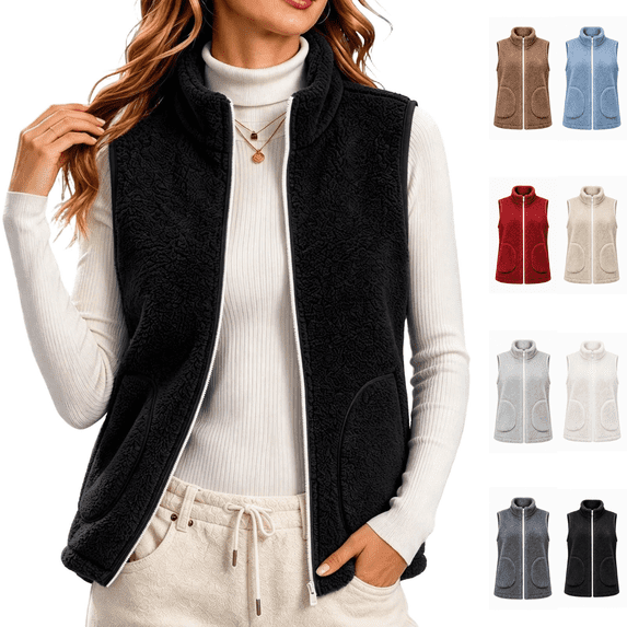 Vixolx Womens Cropped Sherpa Fleece Vest Stand Collar Full Zip Teddy Sleeveless Jacket Winter Warm Outerwear with Pockets