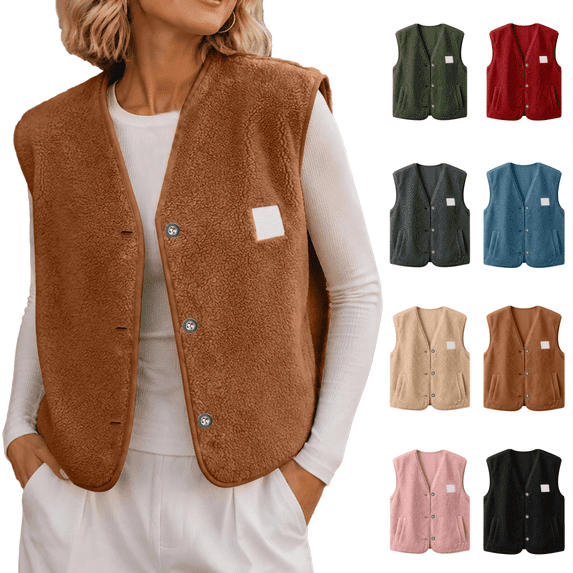 Vixolx Womens Cropped Sherpa Vest V Neck Button Down Sleeveless Fuzzy Fleece Jacket with Side Pockets Casual Loose Warm Fall Outerwear