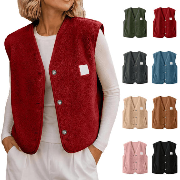 Vixolx Womens Cropped Sherpa Vest V Neck Button Down Sleeveless Fuzzy Fleece Jacket with Side Pockets Casual Loose Warm Fall Outerwear