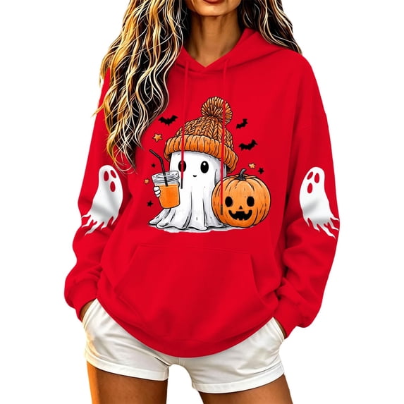 Vixolx Womens Halloween Hoodies Ghost Graphic Long Sleeve Pullover with Pocket Loose Hooded Drawstring Sweatshirt Fall Winter Tops