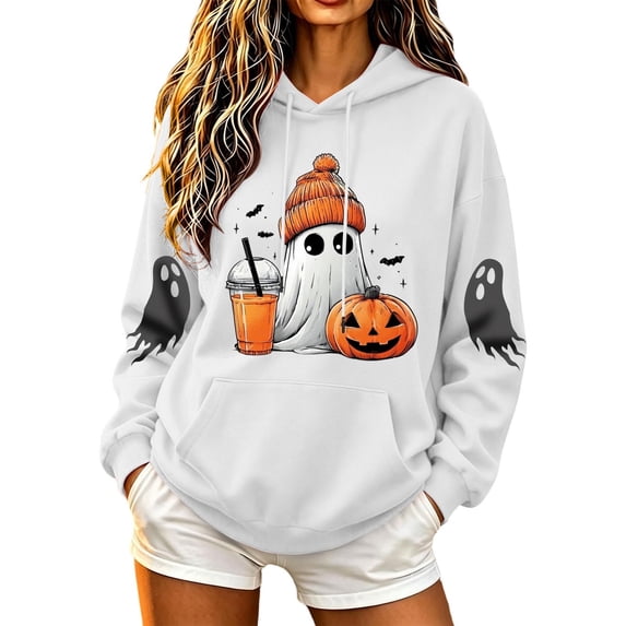 Vixolx Womens Halloween Hoodies Ghost Graphic Long Sleeve Pullover with Pocket Loose Hooded Drawstring Sweatshirt Fall Winter Tops