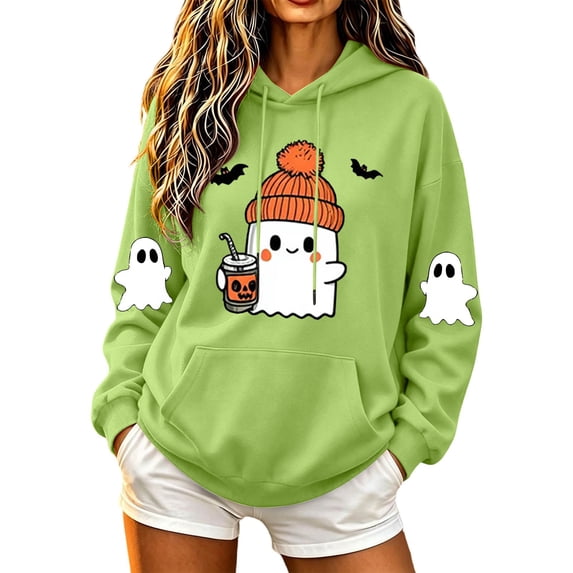 Vixolx Womens Hallween Sweatshirts Ghost Graphic Drawstring Hoodies with Pocket Winter Long Sleeve Tops
