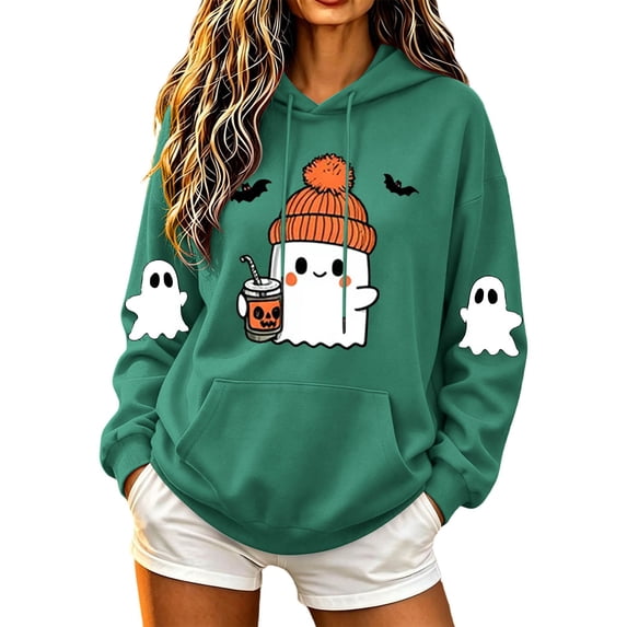 Vixolx Womens Hallween Sweatshirts Ghost Graphic Drawstring Hoodies with Pocket Winter Long Sleeve Tops