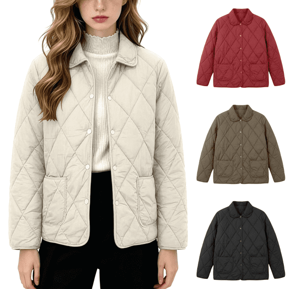 Vixolx Womens Lightweight Quilted Jacket Point Collar Snap Button Short Padded Coat with Patch Pockets Casual Warm Fall Winter Outerwear