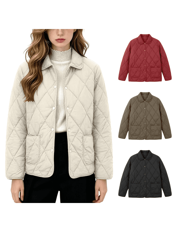 Womens Lightweight Quilted Jacket Point Collar Snap Button Short Padded Coat with Patch Pockets Casual Warm Fall Winter Outerwear