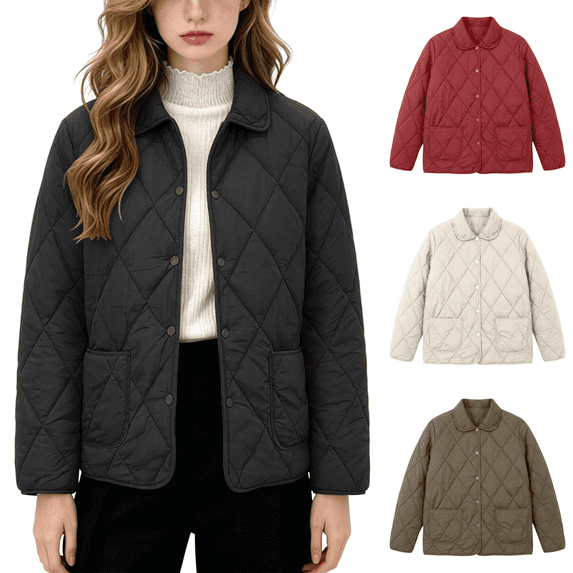 Vixolx Womens Lightweight Quilted Jacket Point Collar Snap Button Short Padded Coat with Patch Pockets Casual Warm Fall Winter Outerwear