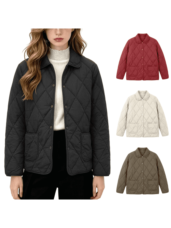 Womens Lightweight Quilted Jacket Point Collar Snap Button Short Padded Coat with Patch Pockets Casual Warm Fall Winter Outerwear