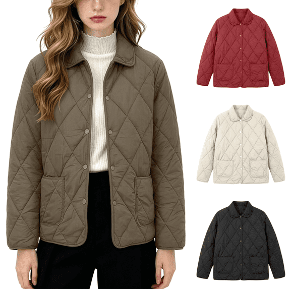 Vixolx Womens Lightweight Quilted Jacket Point Collar Snap Button Short Padded Coat with Patch Pockets Casual Warm Fall Winter Outerwear
