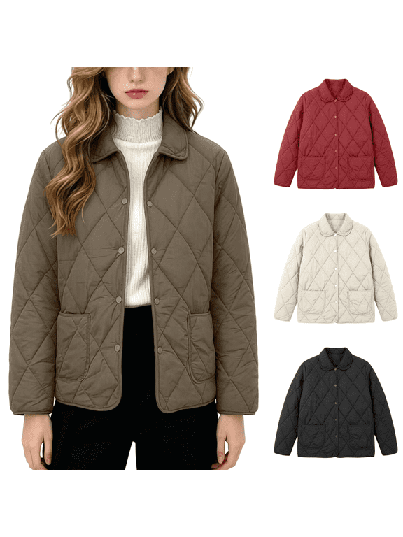 Womens Lightweight Quilted Jacket Point Collar Snap Button Short Padded Coat with Patch Pockets Casual Warm Fall Winter Outerwear