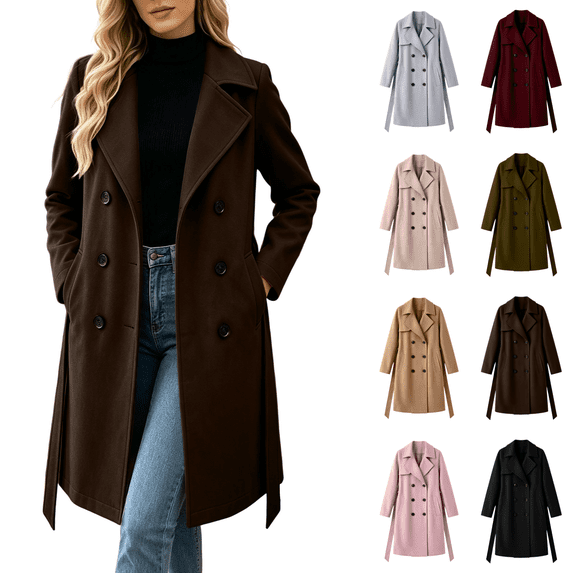 Vixolx Womens Long Pea Coat Classic Notched Lapel Double Breasted Wool Blend Coat with Tie Belt Side Pockets Winter Casual Office Warm Outerwear
