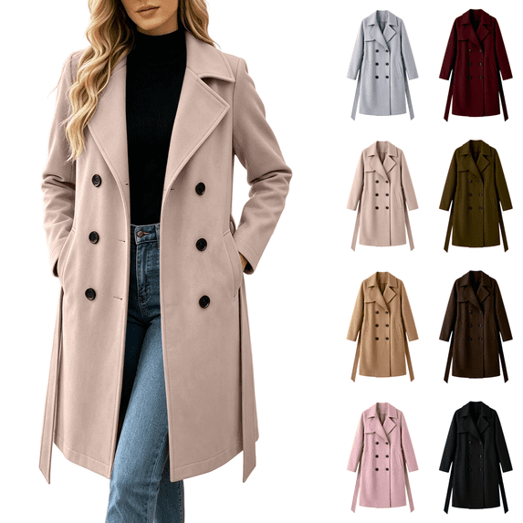 Vixolx Womens Long Pea Coat Classic Notched Lapel Double Breasted Wool Blend Coat with Tie Belt Side Pockets Winter Casual Office Warm Outerwear