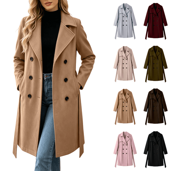 Vixolx Womens Long Pea Coat Classic Notched Lapel Double Breasted Wool Blend Coat with Tie Belt Side Pockets Winter Casual Office Warm Outerwear