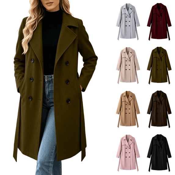 Vixolx Womens Long Pea Coat Classic Notched Lapel Double Breasted Wool Blend Coat with Tie Belt Side Pockets Winter Casual Office Warm Outerwear