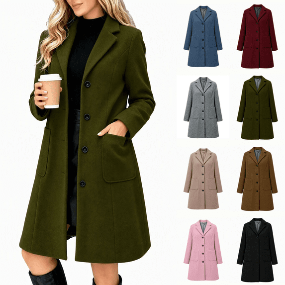 Vixolx Womens Mid Length Coat Notched Lapel Single Breasted Overcoat with Patch Pockets Fall Winter Business Casual Outerwear