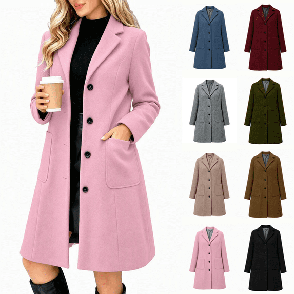 Vixolx Womens Mid Length Coat Notched Lapel Single Breasted Overcoat with Patch Pockets Fall Winter Business Casual Outerwear