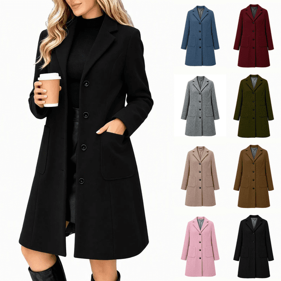 Vixolx Womens Mid Length Coat Notched Lapel Single Breasted Overcoat with Patch Pockets Fall Winter Business Casual Outerwear