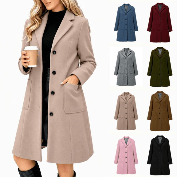 Vixolx Womens Mid Length Coat Notched Lapel Single Breasted Overcoat with Patch Pockets Fall Winter Business Casual Outerwear