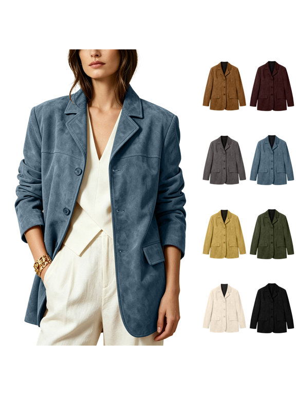 Womens Mid Length Faux Suede Jacket Notched Lapel Single Breasted Oversized Blazer with Flap Pockets Business Casual Outerwear