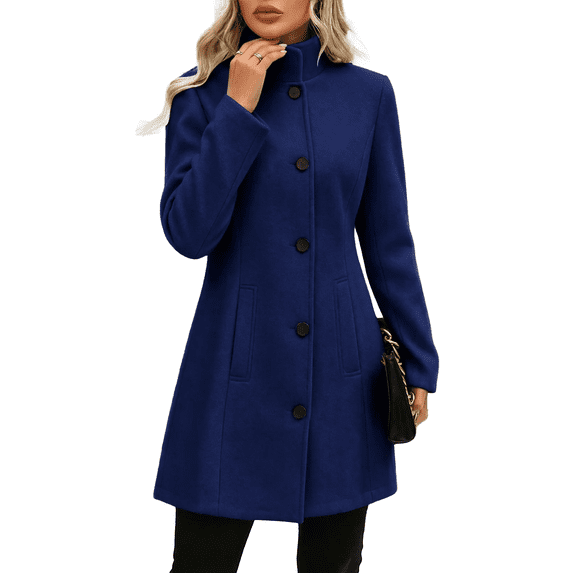 Vixolx Womens Mid Length Wool Blend Coat Stand Collar Single Breasted Overcoat with Slant Pockets Fall Winter Casual Office