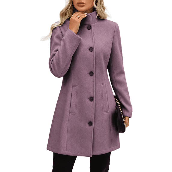 Vixolx Womens Mid Length Wool Blend Coat Stand Collar Single Breasted Overcoat with Slant Pockets Fall Winter Casual Office