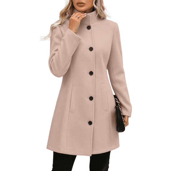 Vixolx Womens Mid Length Wool Blend Coat Stand Collar Single Breasted Overcoat with Slant Pockets Fall Winter Casual Office