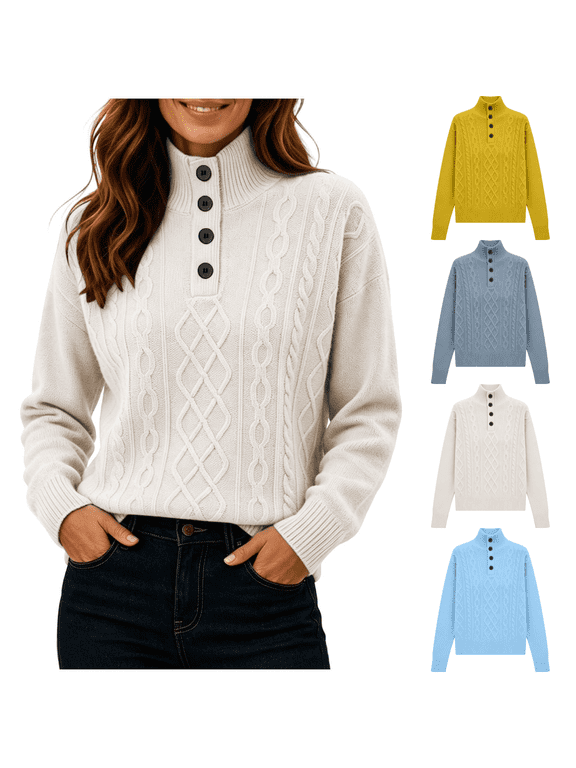 Womens Mock Neck Sweaters Solid Ribble Henley Cable Knit Pullover Fall Loose Long Sleeve Tops Fall Winter Clothes