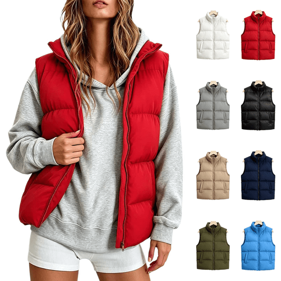 Vixolx Womens Short Puffer Vest Stand Collar Sleeveless Full Zip Padded Jacket with Side Pockets Solid Casual Fall Winter Outerwear