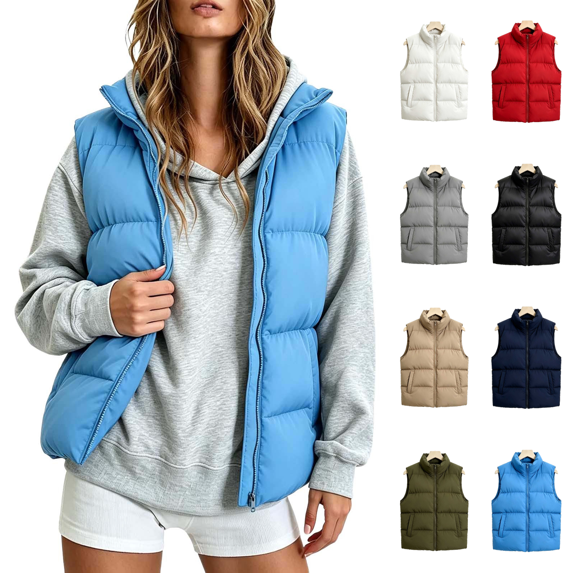 Vixolx Womens Short Puffer Vest Stand Collar Sleeveless Full Zip Padded Jacket with Side Pockets Solid Casual Fall Winter Outerwear