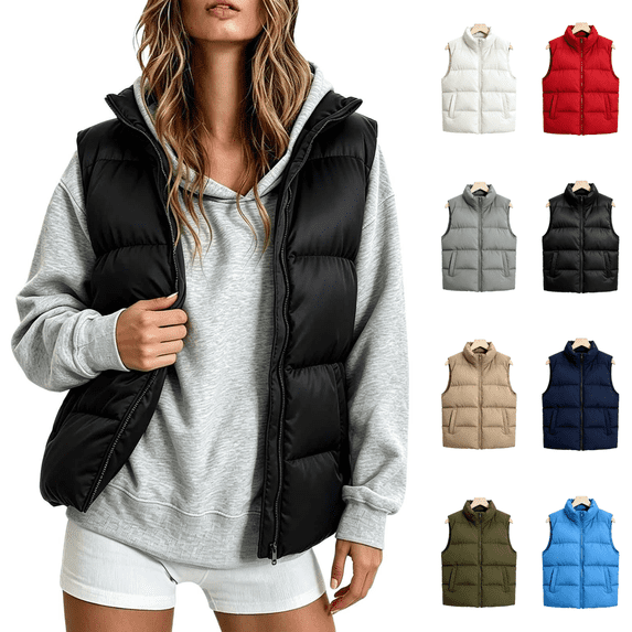 Vixolx Womens Short Puffer Vest Stand Collar Sleeveless Full Zip Padded Jacket with Side Pockets Solid Casual Fall Winter Outerwear